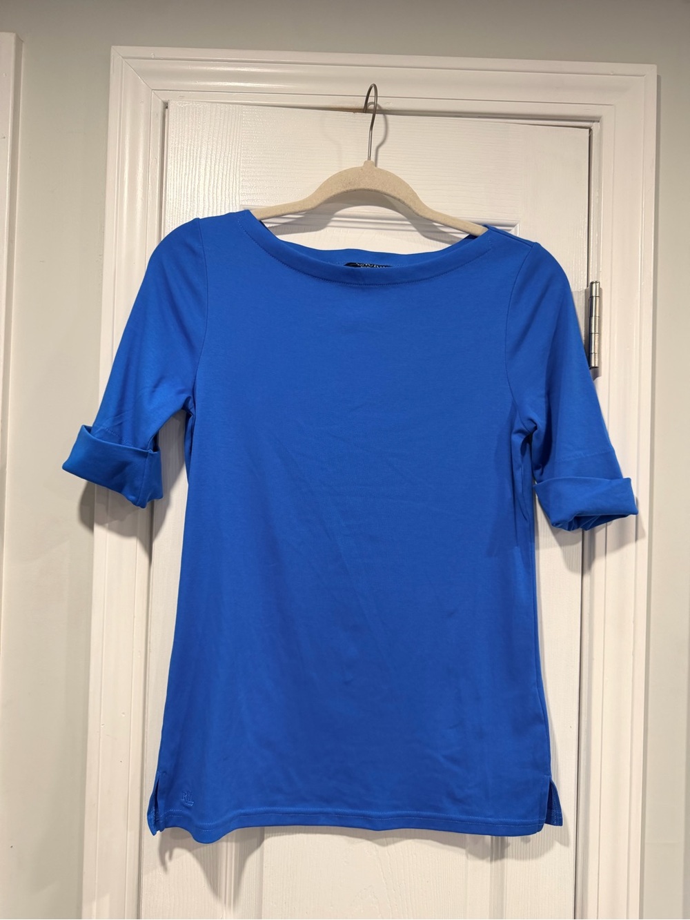 NWOT LRL Ralph Lauren Size M Blue Top Cuffed Short Sleeve Stretch Classic Logo